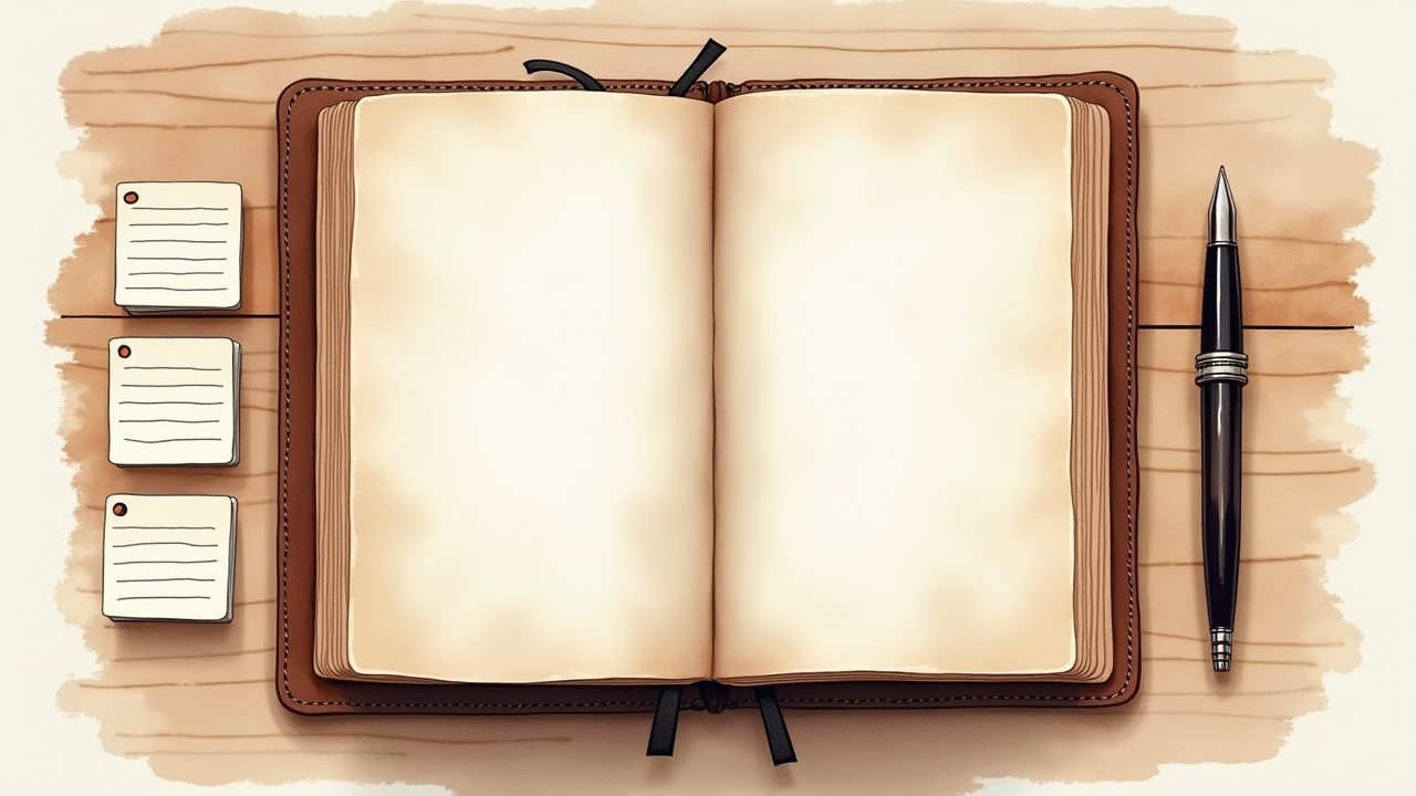 Open notebook with deep work session timestamps, a wristwatch, and a small plant