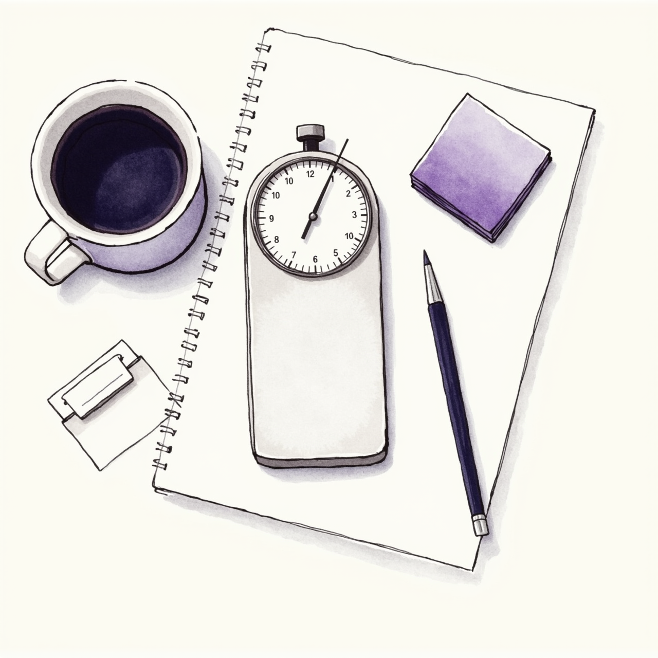 Vintage mechanical timer set to 25 minutes, an espresso cup, and index cards