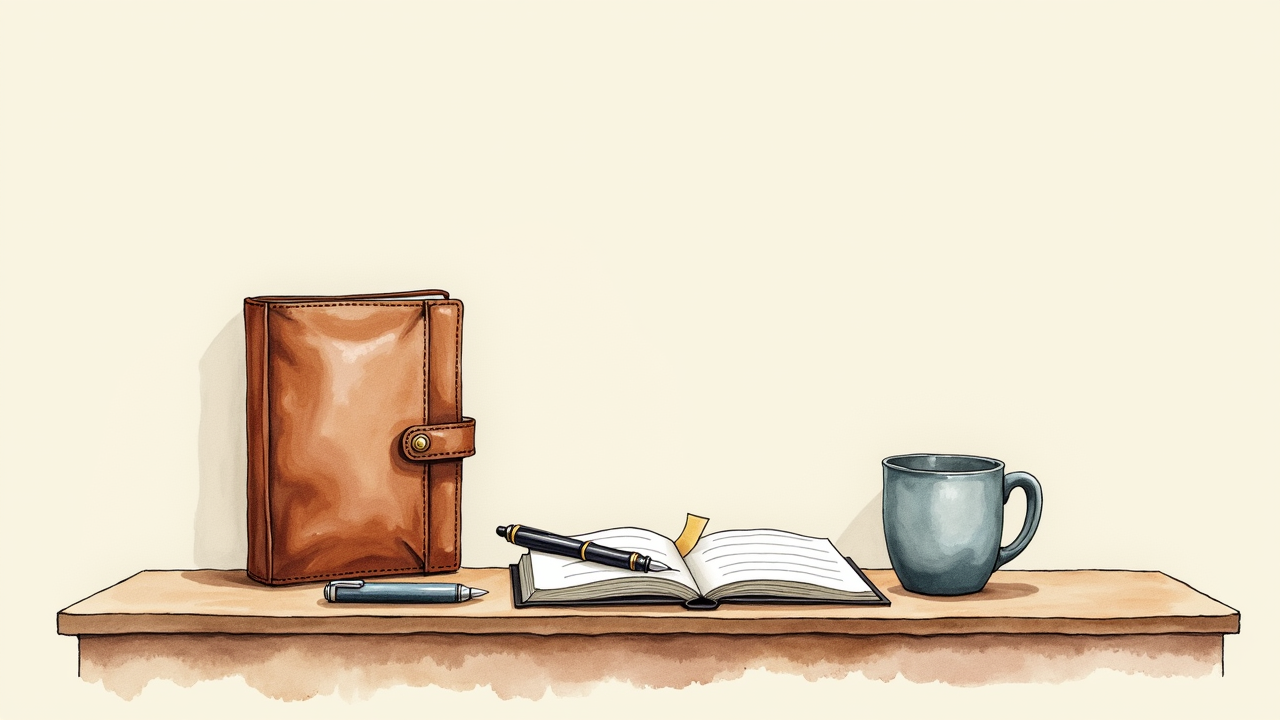 Leather notebook, fountain pen, index cards, and a tablet showing a kanban board