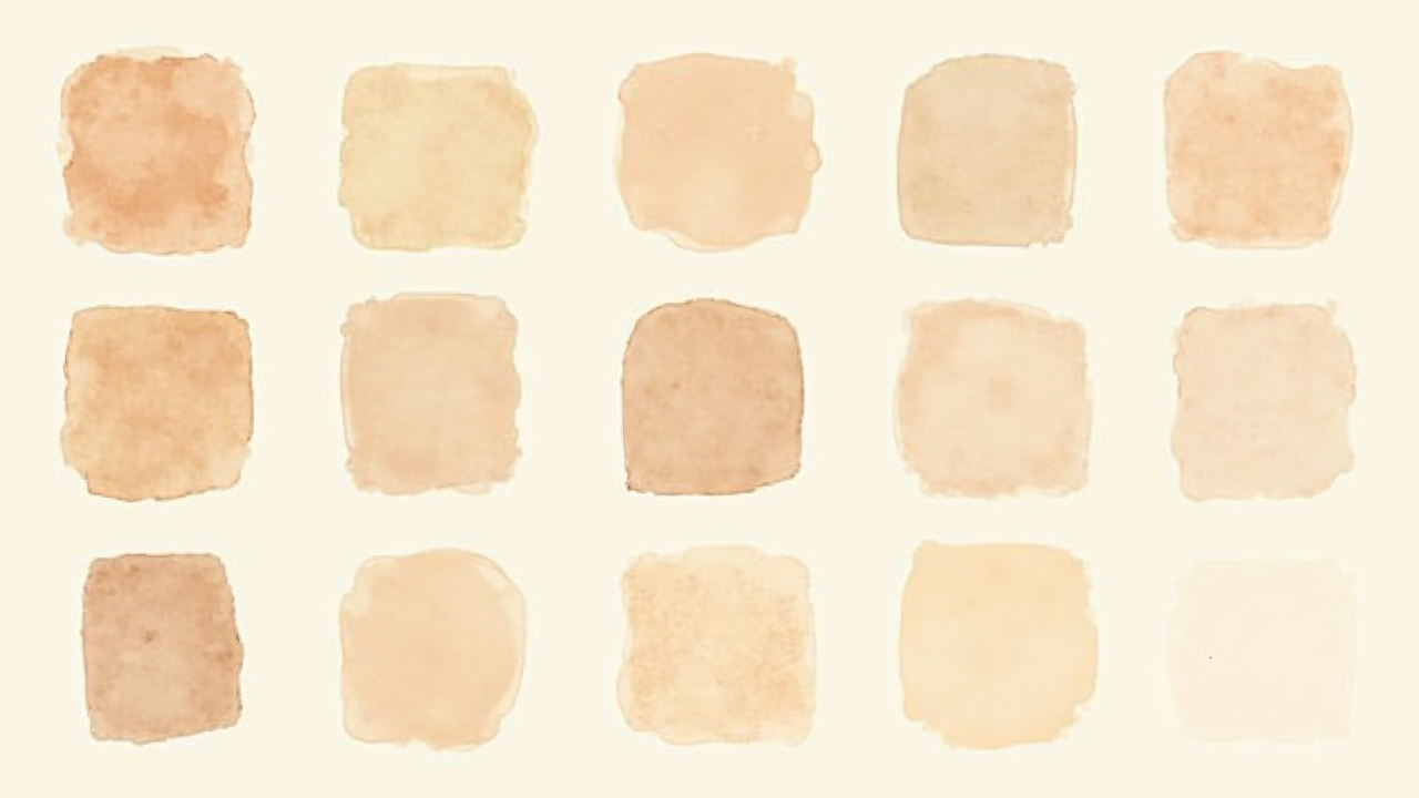 Watercolor illustration of an abstract calendar grid with colored blocks on cream paper, top-down still life, no text, no readable numbers, soft earth tones