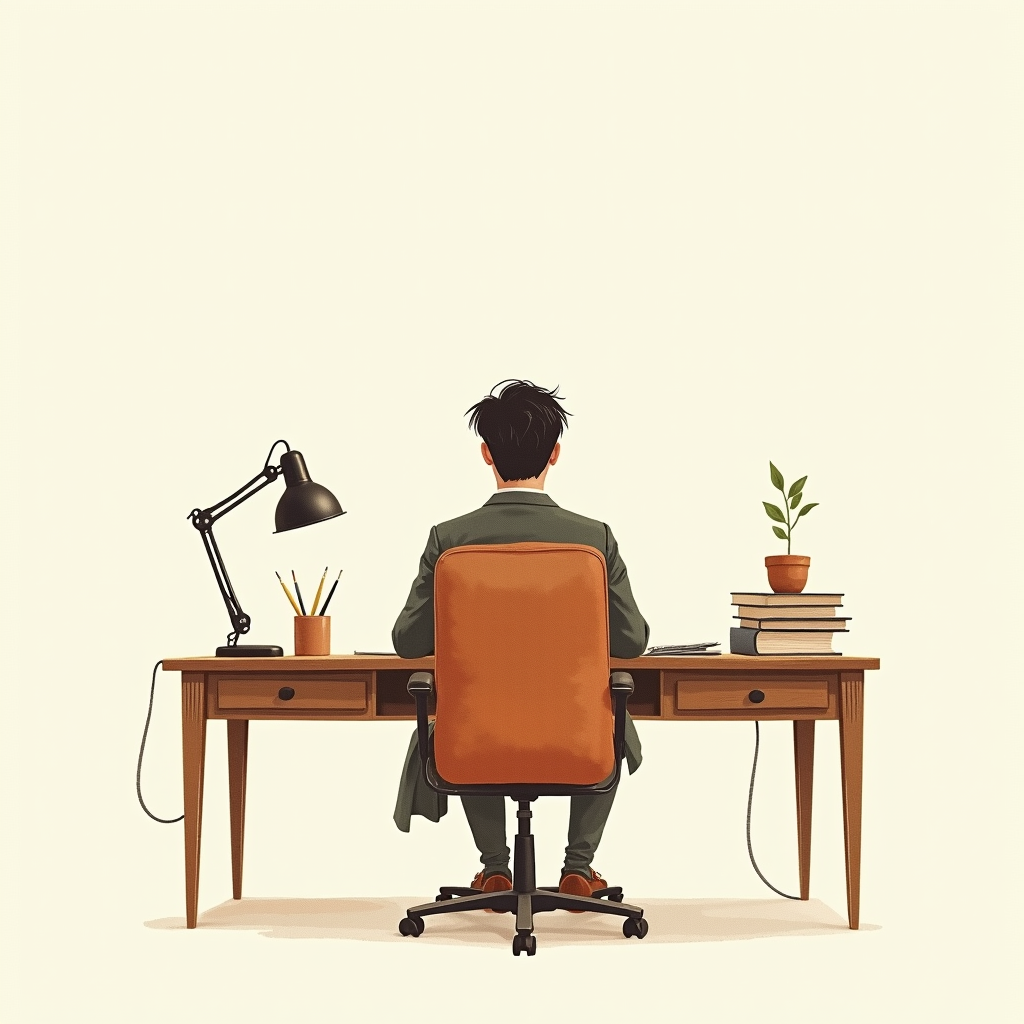Watercolor illustration of an abstract focused person silhouette at a desk on cream paper, top-down still life, no text, soft earth tones