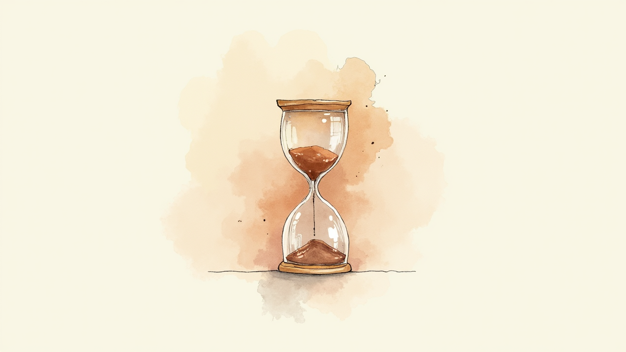 Watercolor illustration of an abstract small timer shape on cream paper, top-down still life, no text, soft earth tones