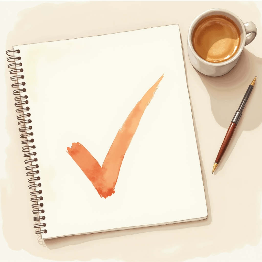 Watercolor illustration of an abstract checkmark on cream paper beside a notebook, top-down still life, no text, soft earth tones