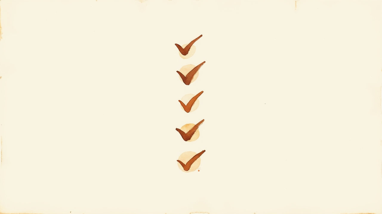 Watercolor illustration of an abstract list with checkmark shapes on cream paper, top-down still life, no text, soft earth tones