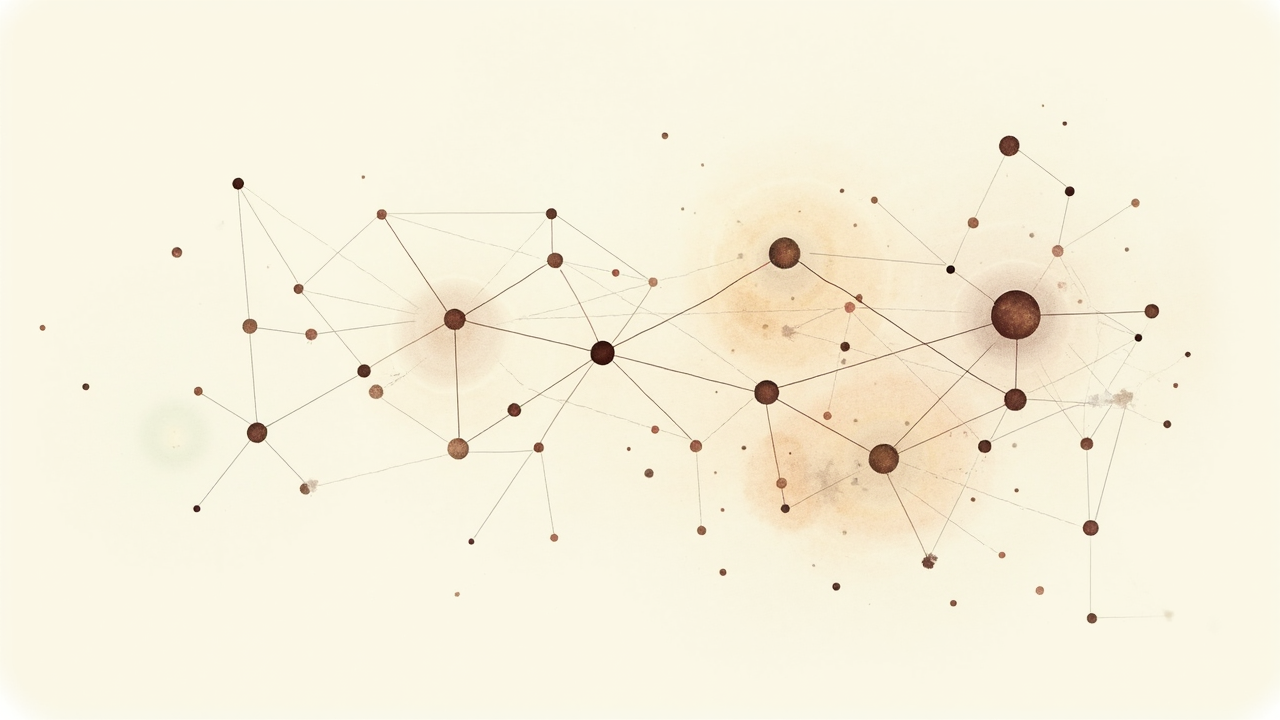 Watercolor illustration of an abstract network of connected dots and lines on cream paper, top-down still life, no text, soft earth tones