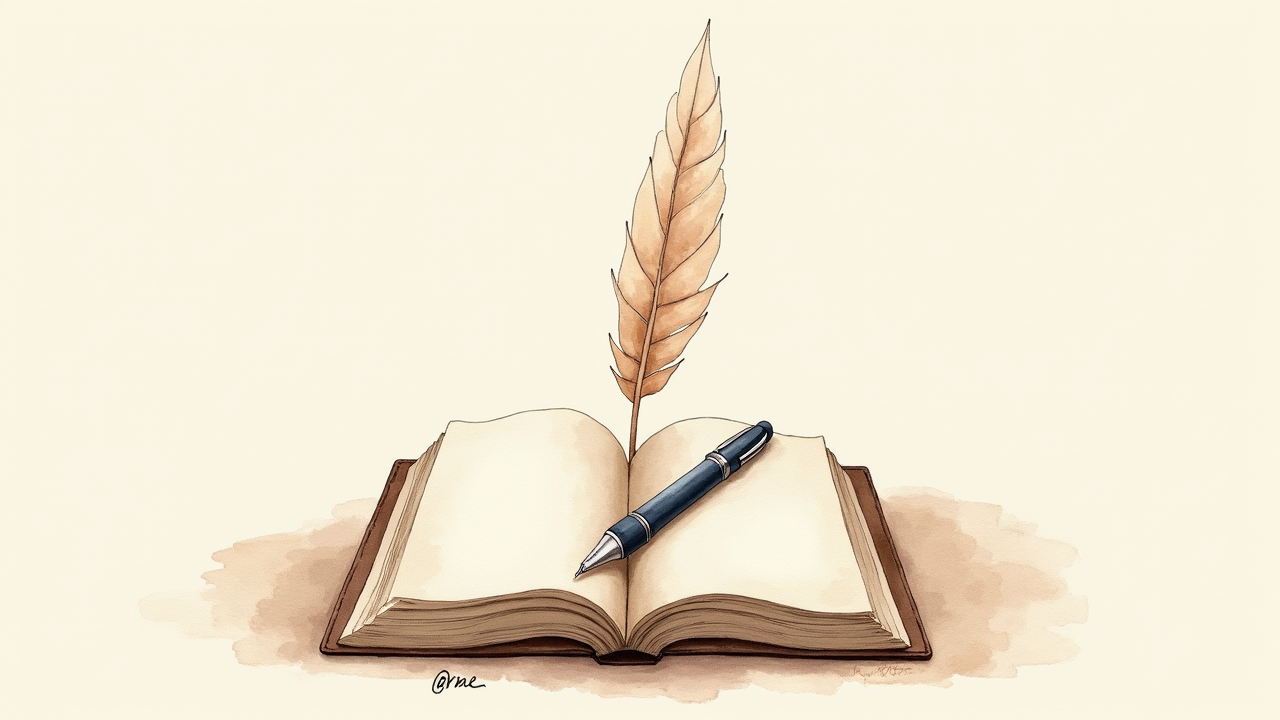 Watercolor illustration of an abstract open notebook with quill pen on cream paper, top-down still life, no text, soft earth tones