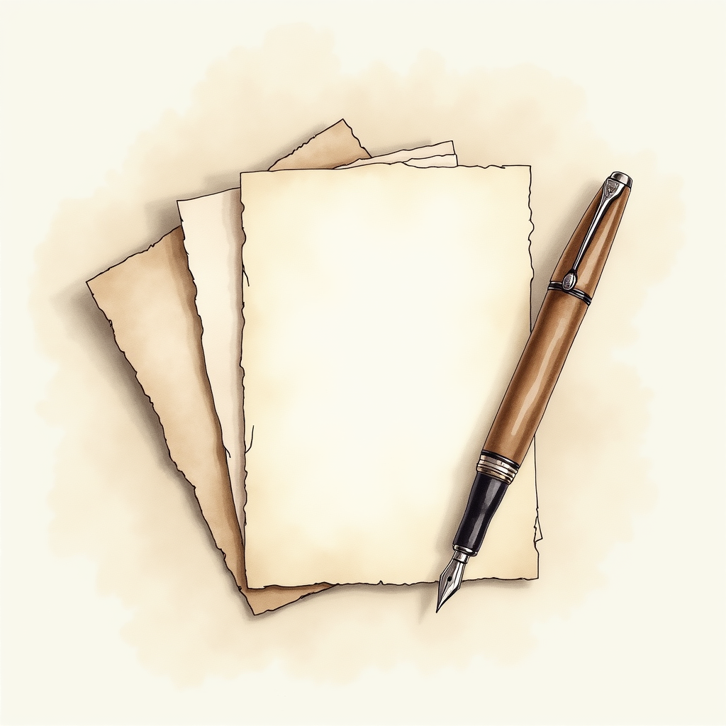 Watercolor illustration of an abstract fountain pen on cream paper beside a stack of cards, top-down still life, no text, soft earth tones