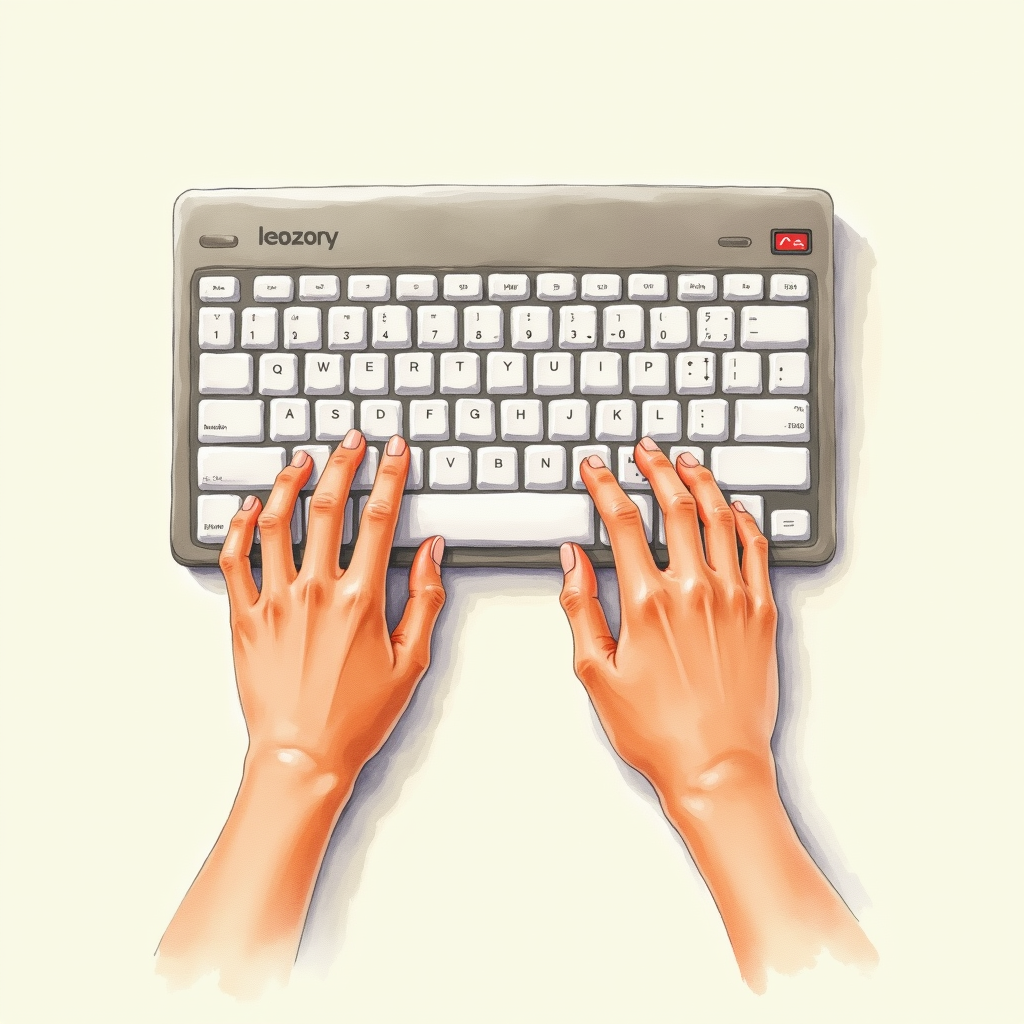 Watercolor illustration of abstract hands on a keyboard on cream paper, top-down still life, no text, soft earth tones