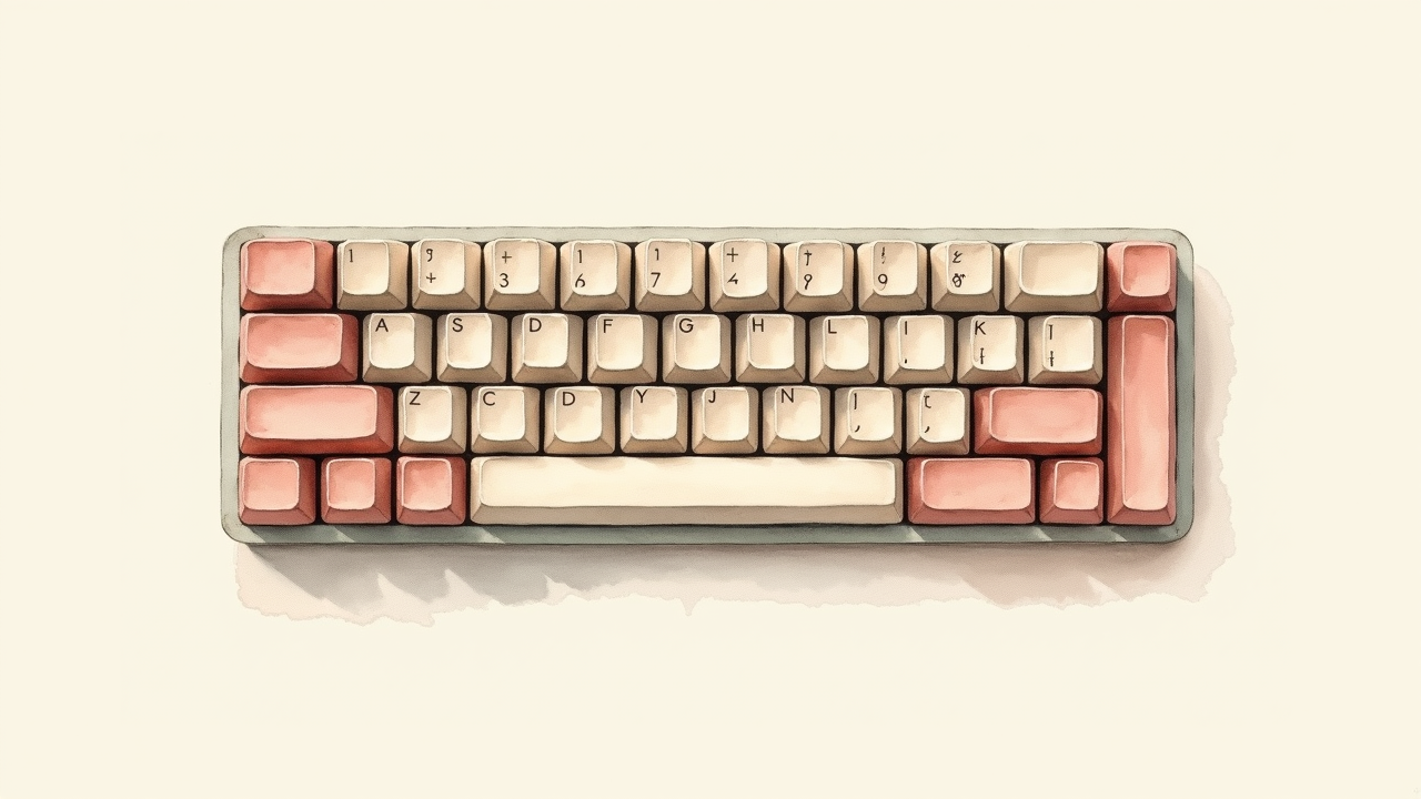 Watercolor illustration of an abstract keyboard shape on cream paper, top-down still life, no readable text on keys, soft earth tones