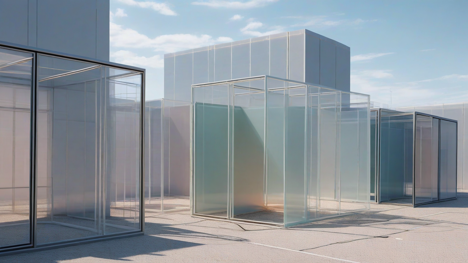 An abstract physical boundary made of nested translucent enclosures around code-like building blocks, with cables ending outside the inner zone, no text or interface