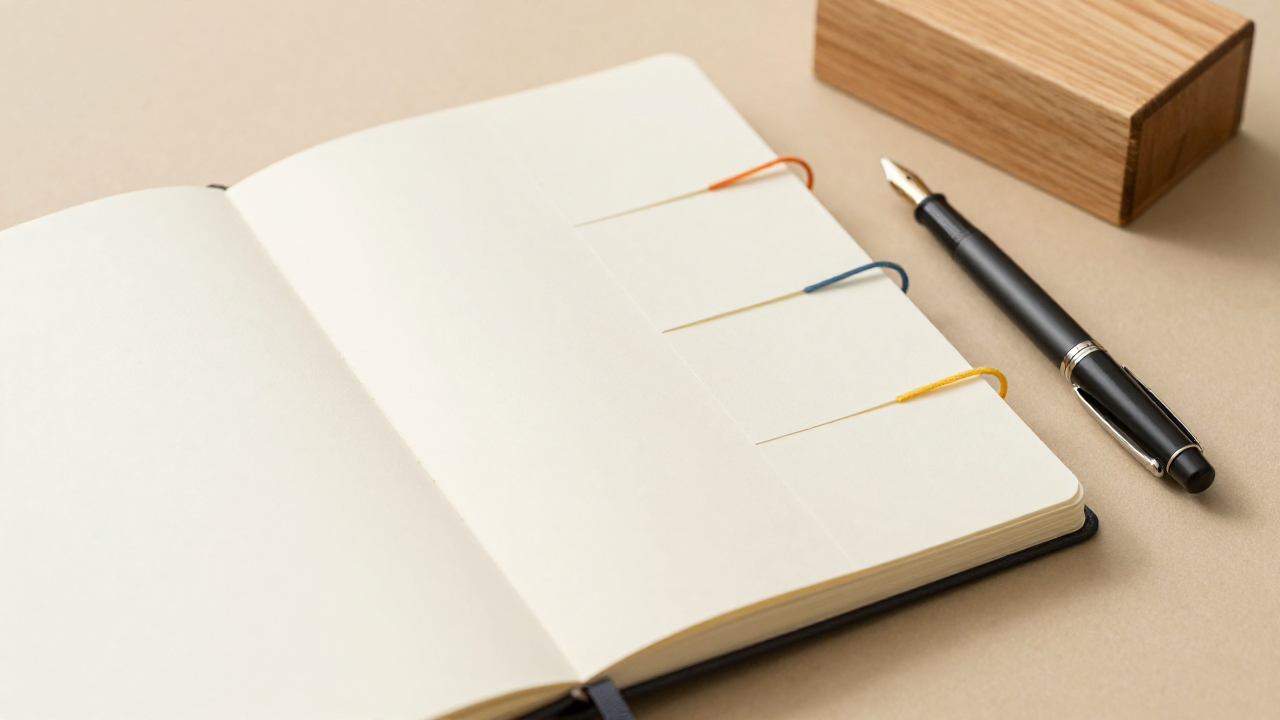 Blank notebook, index threads, and pen for comparing note-taking systems