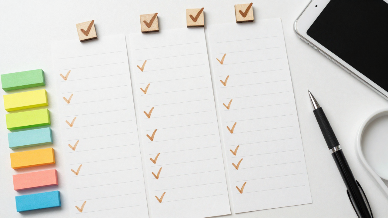 Blank task cards with checkmark tokens and priority blocks