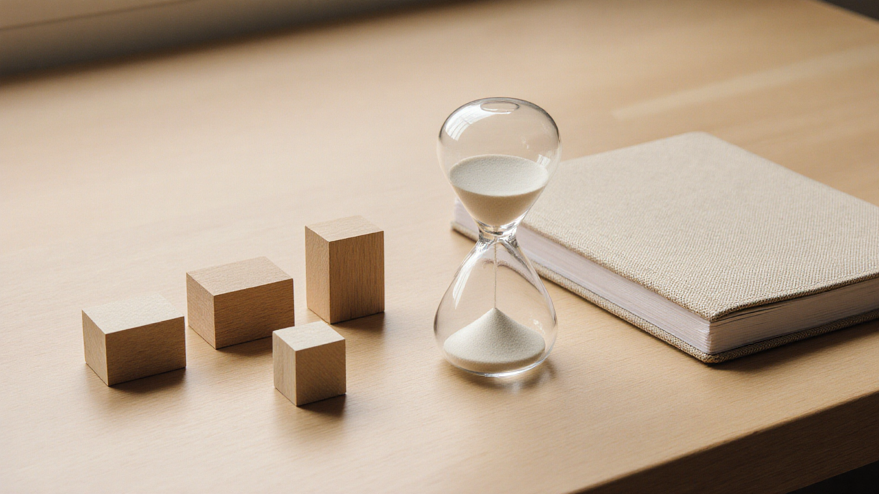 Hourglass, closed notebook, and plain wooden focus blocks