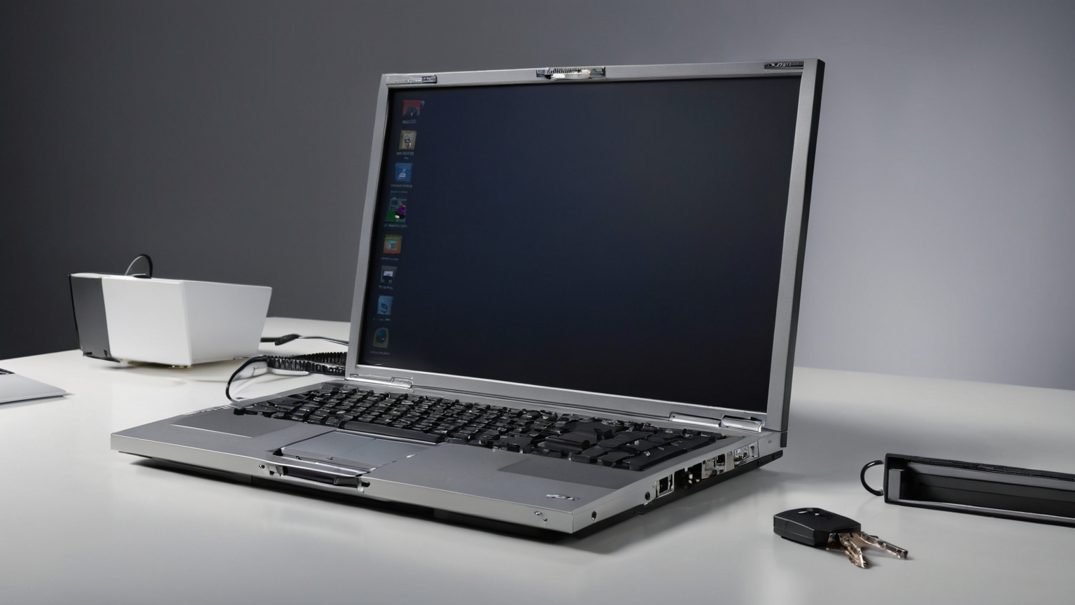 IT admin policy desk with closed laptop and hardware key