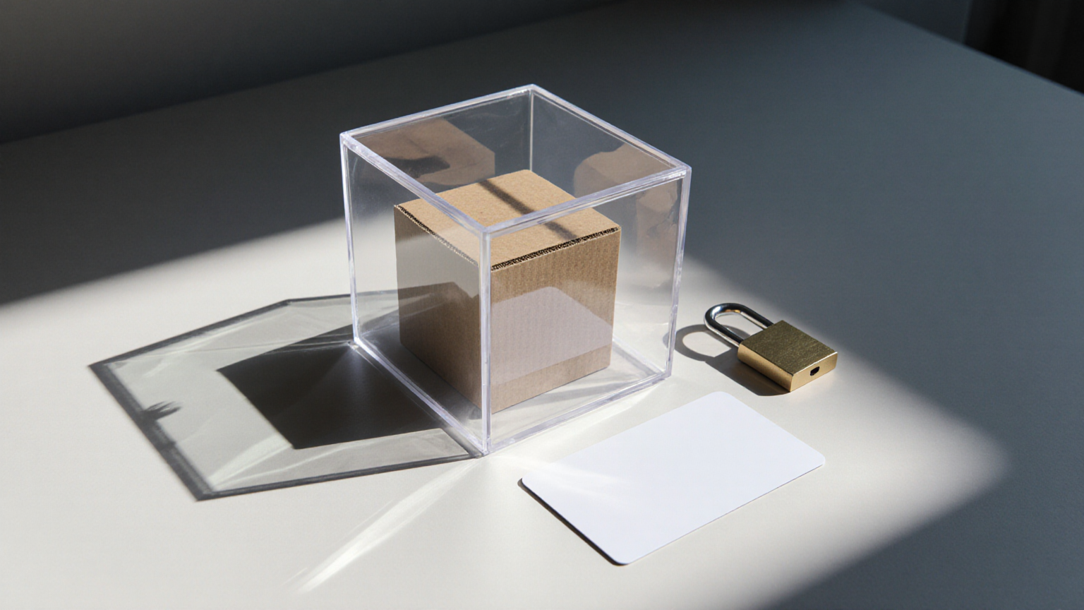 A closed laptop and isolated hardware key mark the privilege boundary
