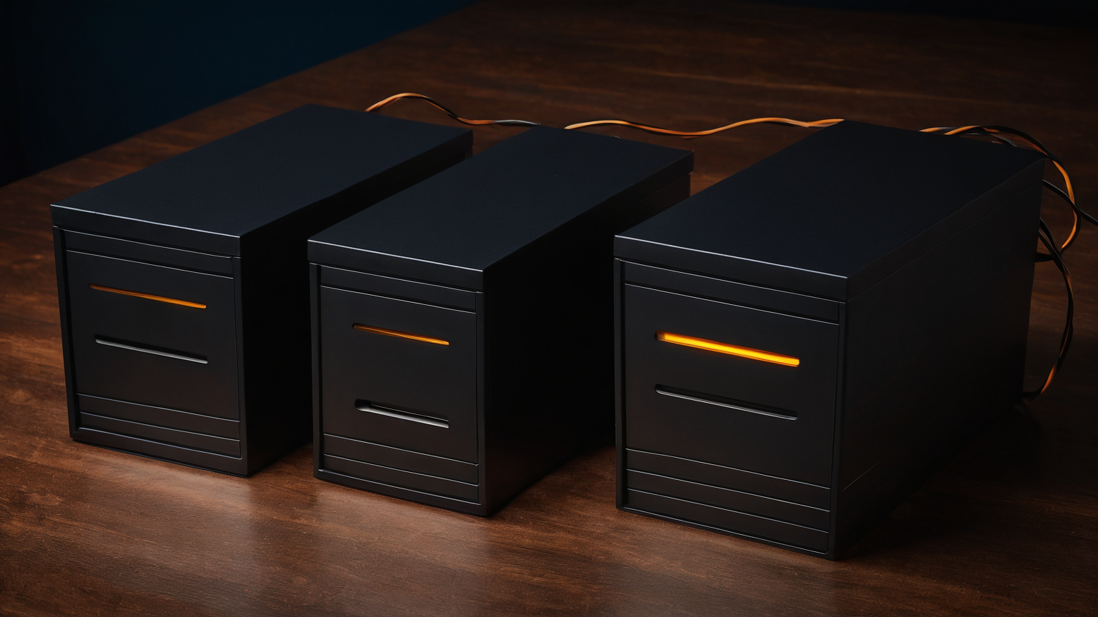 Three plain storage enclosures representing isolated restore stages