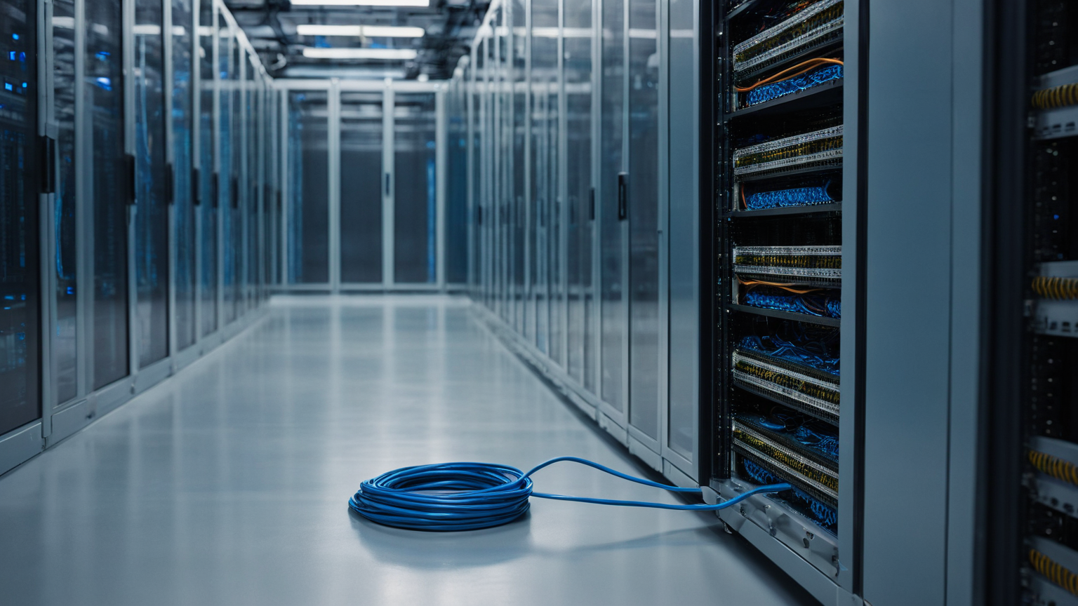 An isolated server row and coiled cable representing separated recovery infrastructure