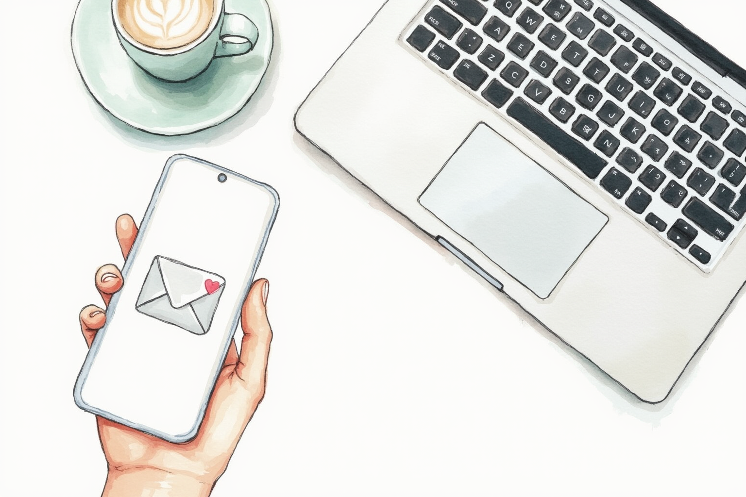 Hand holding phone with email notification beside open laptop