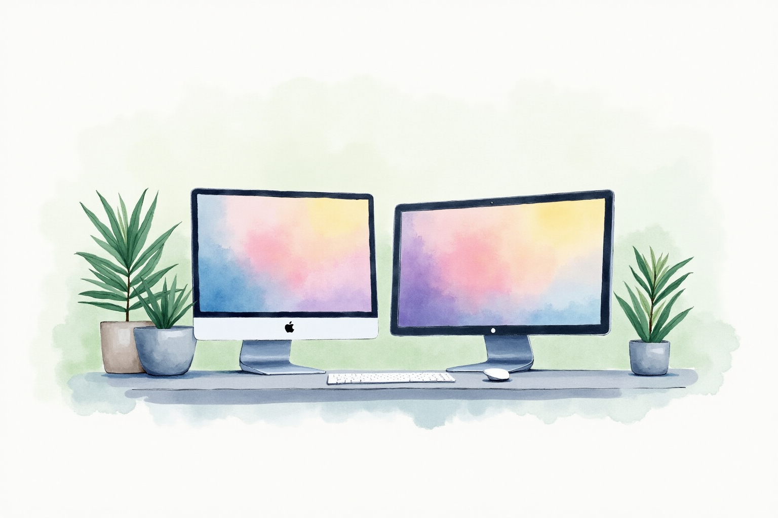 Organized desk with monitor floating above cleared workspace