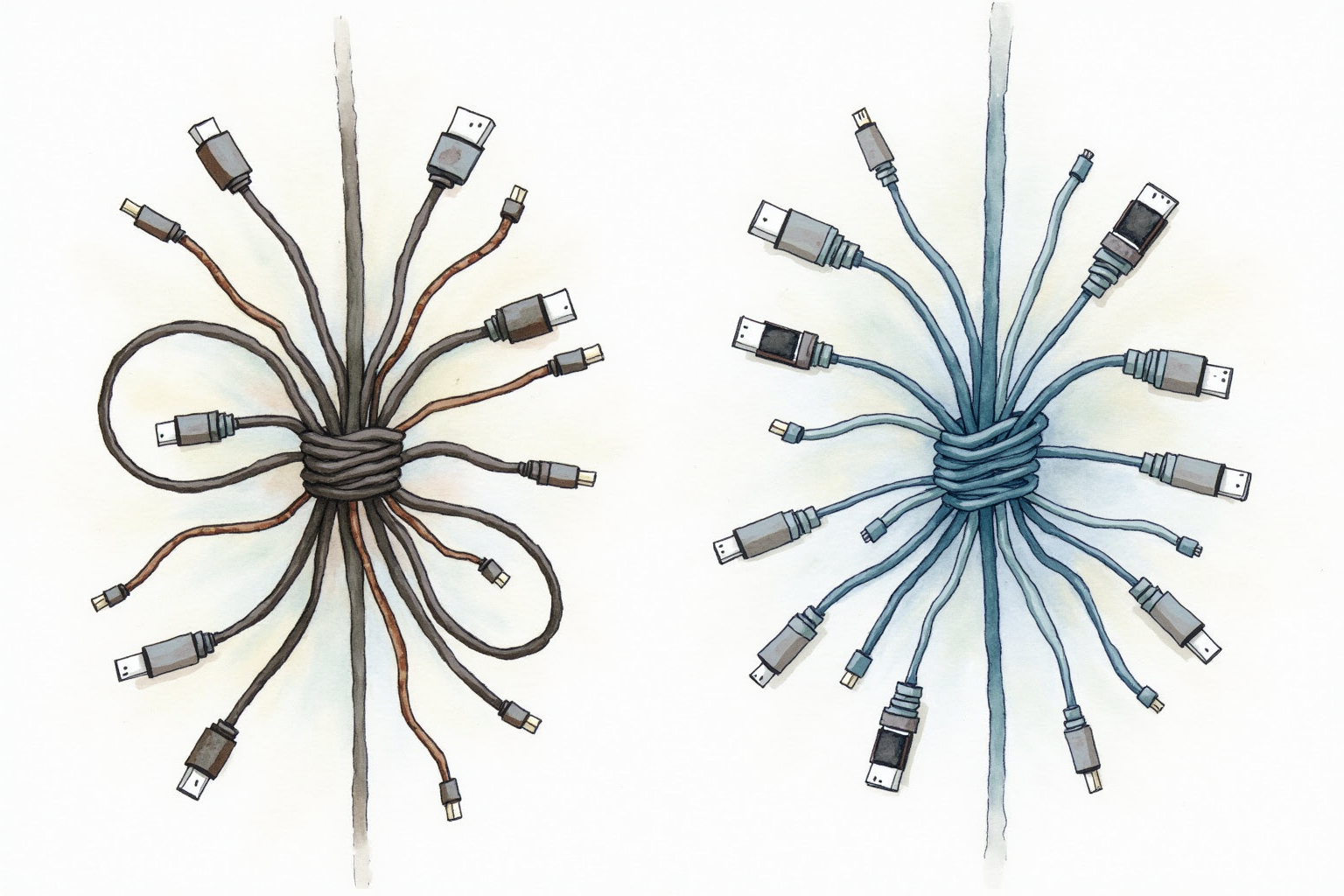 Messy cable nest before tidy organization comparison