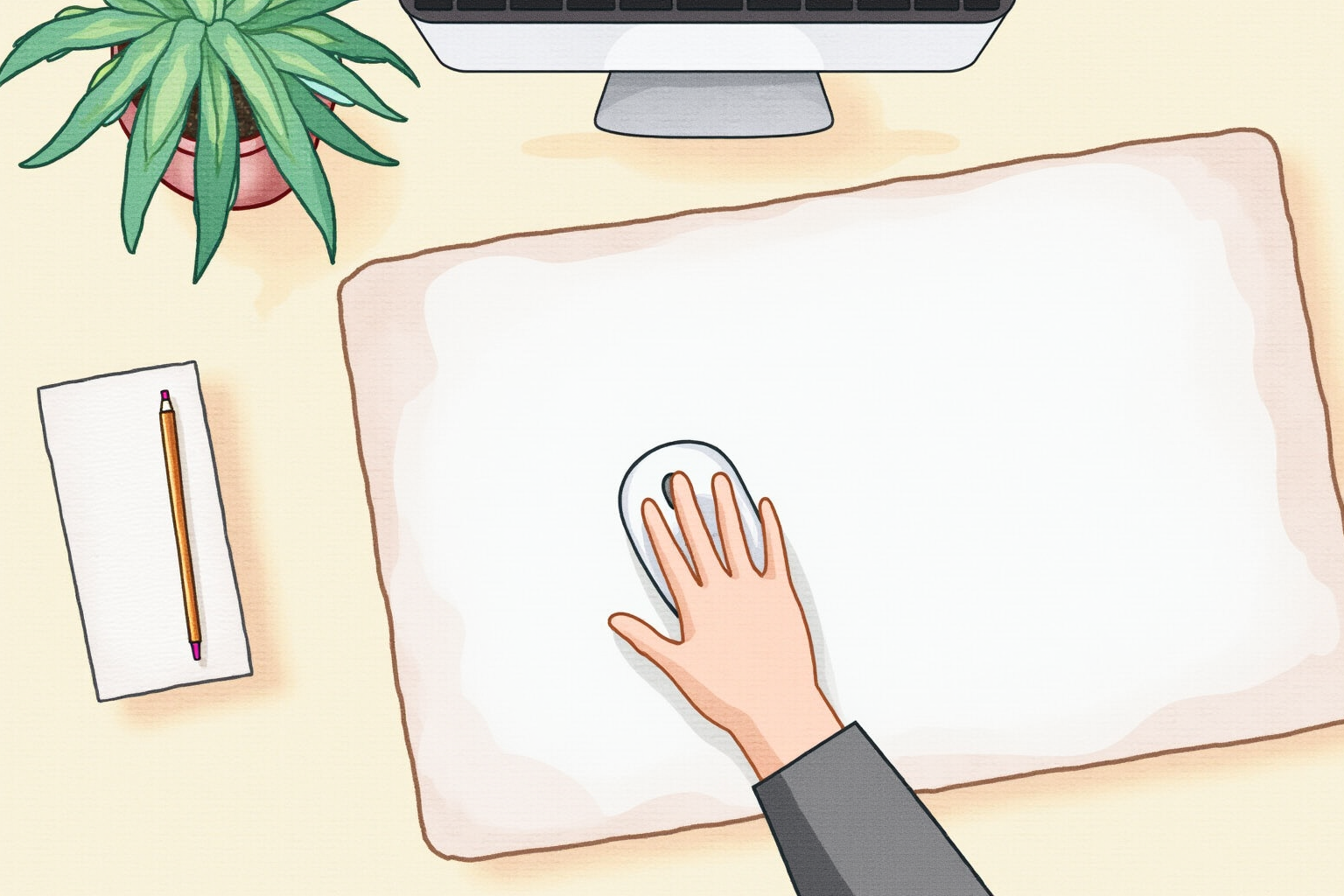 Hand smoothing out desk mat onto wooden desk surface