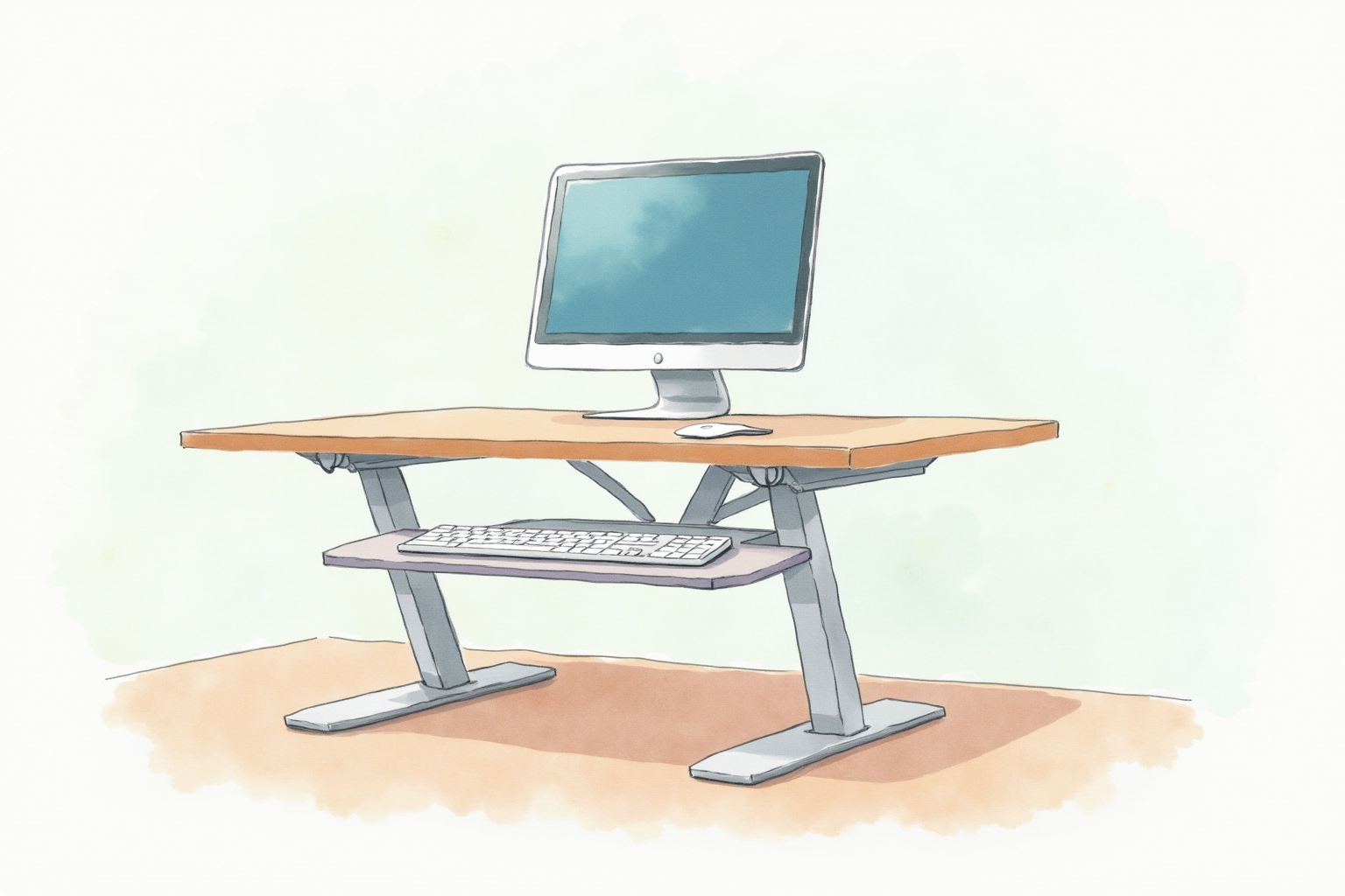 Person standing and typing on adjustable desk converter